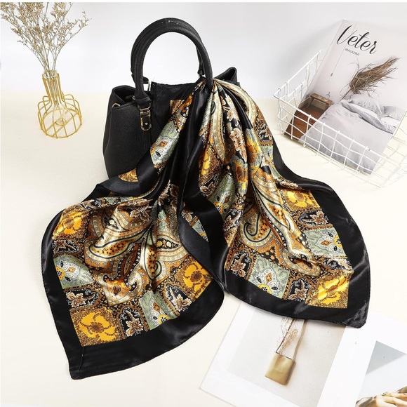 35” Large Square Satin Head Scarf  3Pcs Satin Hair Scarves Silk Feeling Bandana - Picture 1 of 11